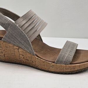 Skechers Taupe Linen-Strap Cork Wedge Sandals